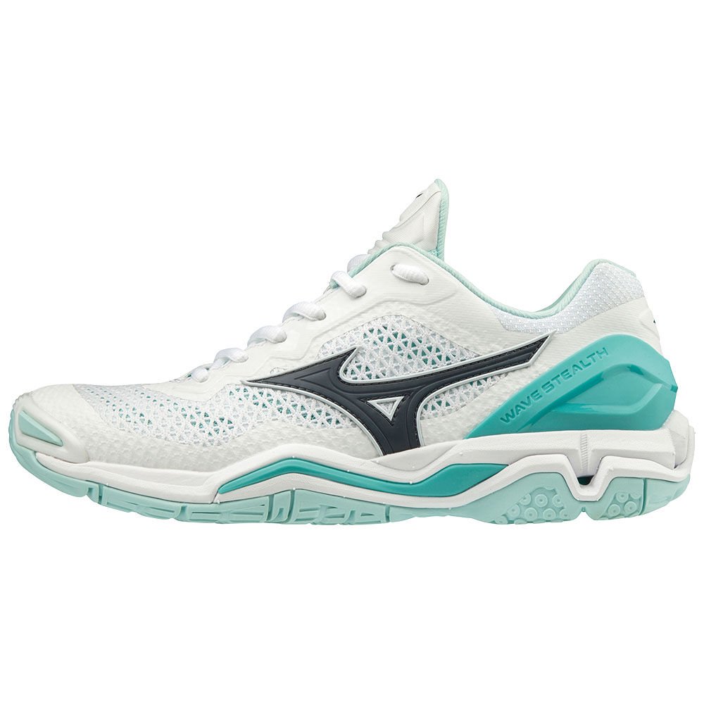 Women's Mizuno Handball Shoes White/Blue/Turquoise WAVE STEALTH V Shoes - X1GB180013